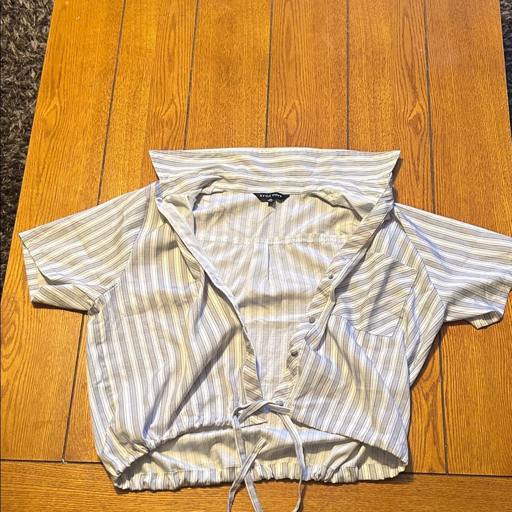 Style Envy Striped Collared Blouse - Cream and Gray